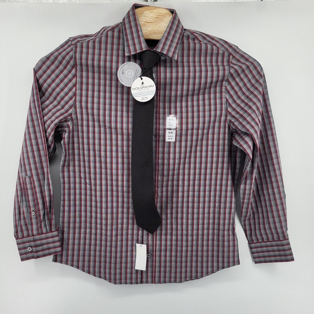Nick Graham Mens Stretch Modern Fit Plaid Dress Shirt and Tie Set Size Small new - Picture 2 of 10